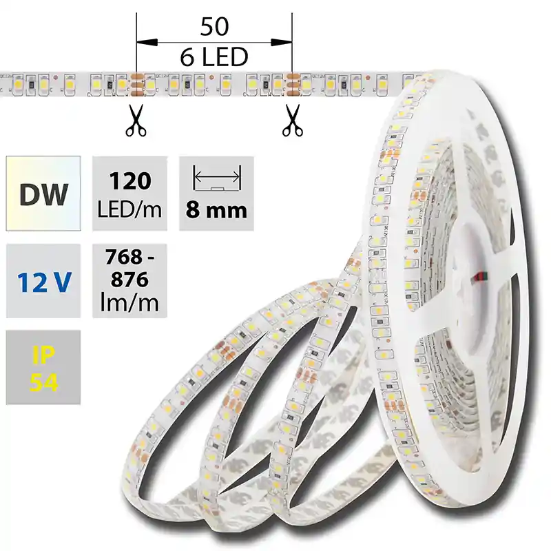 MCLED Pásek LED SMD3528 dual white WW-CW, 120LED/m, 9,6W/m, 676lm/m, IP54, DC 12V, 8mm, 5m Akční Cena