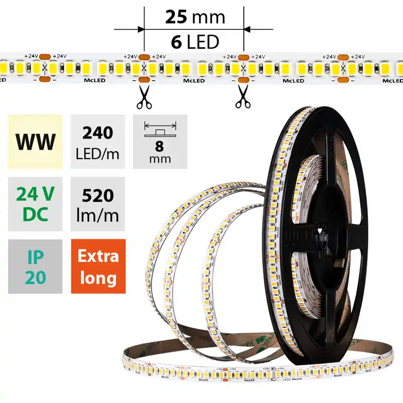 SK0335337-CZ20260306-083626-0-1772757396-pim-3067976_1 MCLED Pásek LED SMD2835 WW, 240LED/m, 6W/m, DC 24V, 520lm/m, CRI90, IP20, 8mm, 50m Aktuální