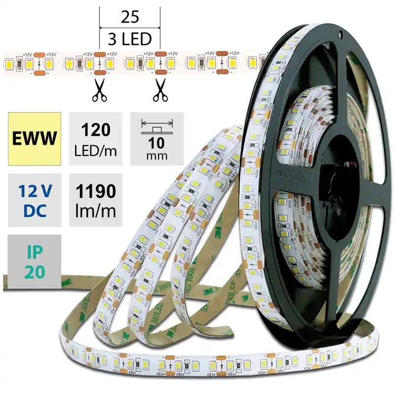 Zlevněný MCLED Pásek LED SMD2835 EWW, 120LED/m, 14W/m, 1120lm/m, IP20, DC 12V, 10mm, 50m