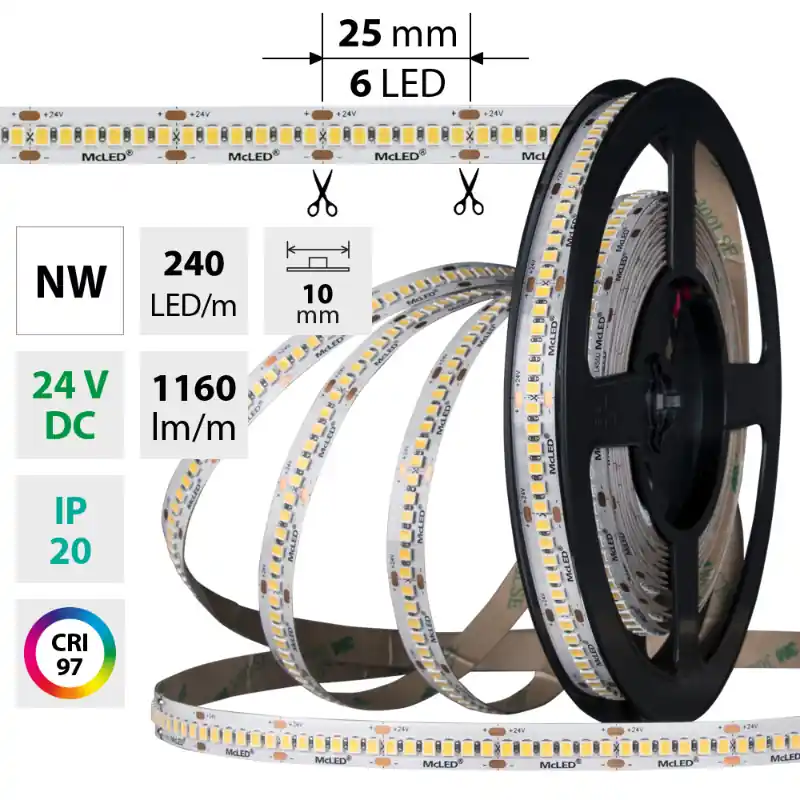 MCLED Pásek LED SMD2835 NW, 240LED/m, 14,4W/m, DC 24V, 1160lm/m, CRI97, IP20, 10mm, 5m Cenový Hit