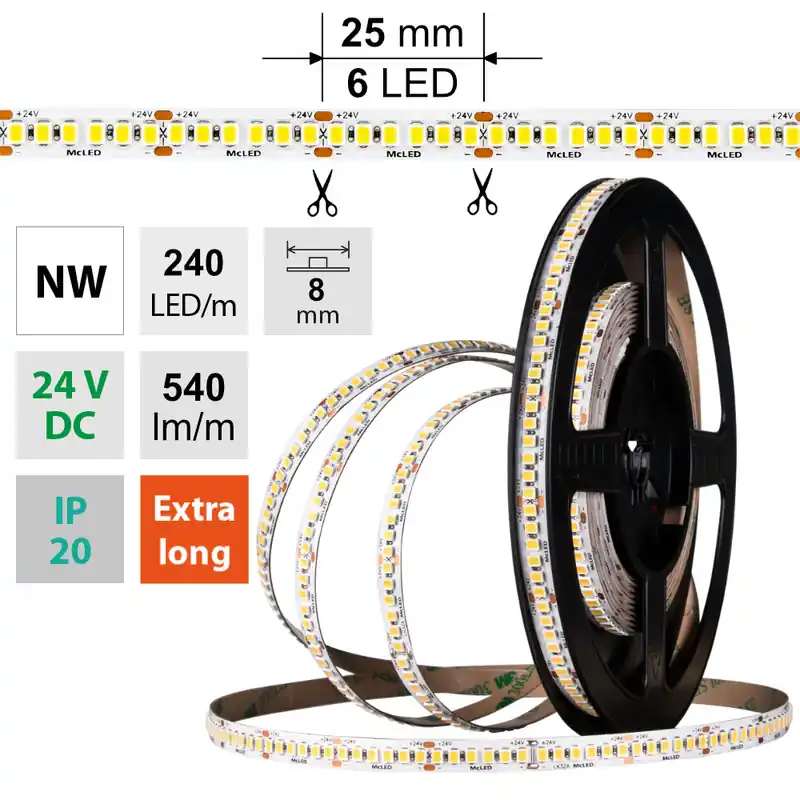 Cenově Výhodný MCLED Pásek LED SMD2835 NW, 240LED/m, 6W/m, DC 24V, 540lm/m, CRI90, IP20, 8mm, 50m