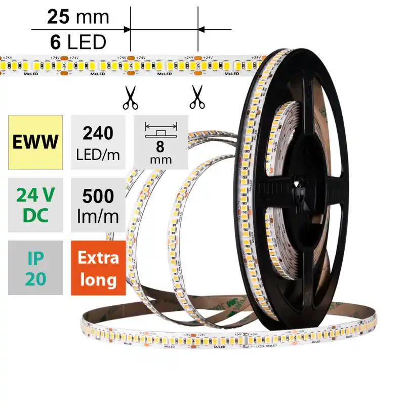 SK0335392-CZ20260306-083626-0-1772757396-pim-3080798_1 Tovární Cena MCLED Pásek LED SMD2835 EWW, 240LED/m, 6W/m, DC 24V, 500lm/m, CRI90, IP20, 8mm, 50m