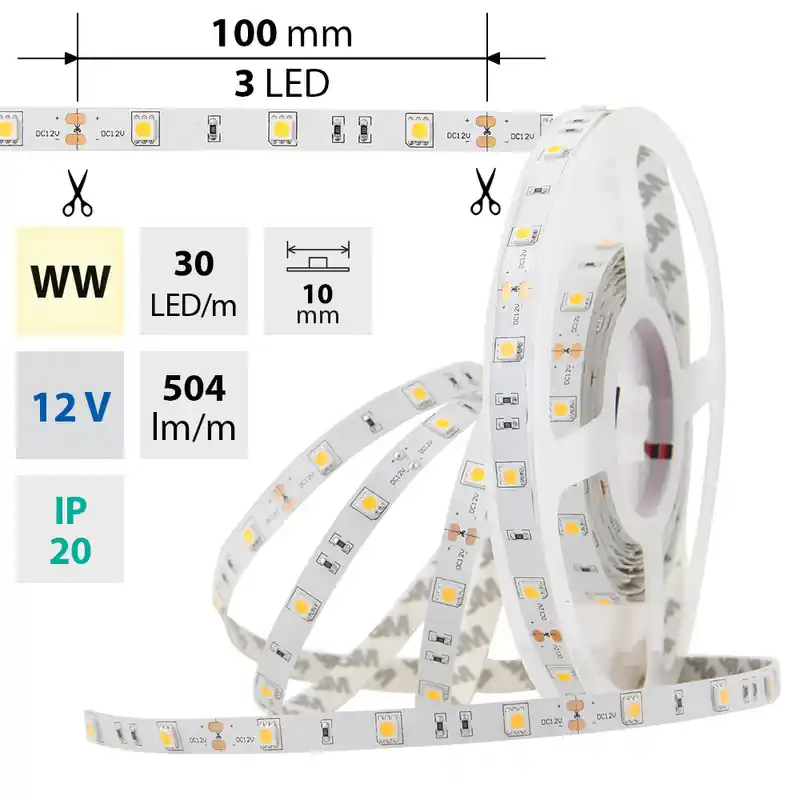 MCLED Pásek LED SMD5050 WW, 30LED/m, 7,2W/m, 504lm/m, IP20, DC 12V, 10mm, 5m Časově Omezené